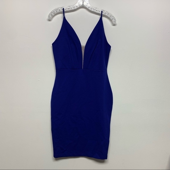 Cefian Dresses & Skirts - Cefian |Size Large|Blue Deep V Spaghetti Strap Front Mesh Detail Midi Dress NWOT